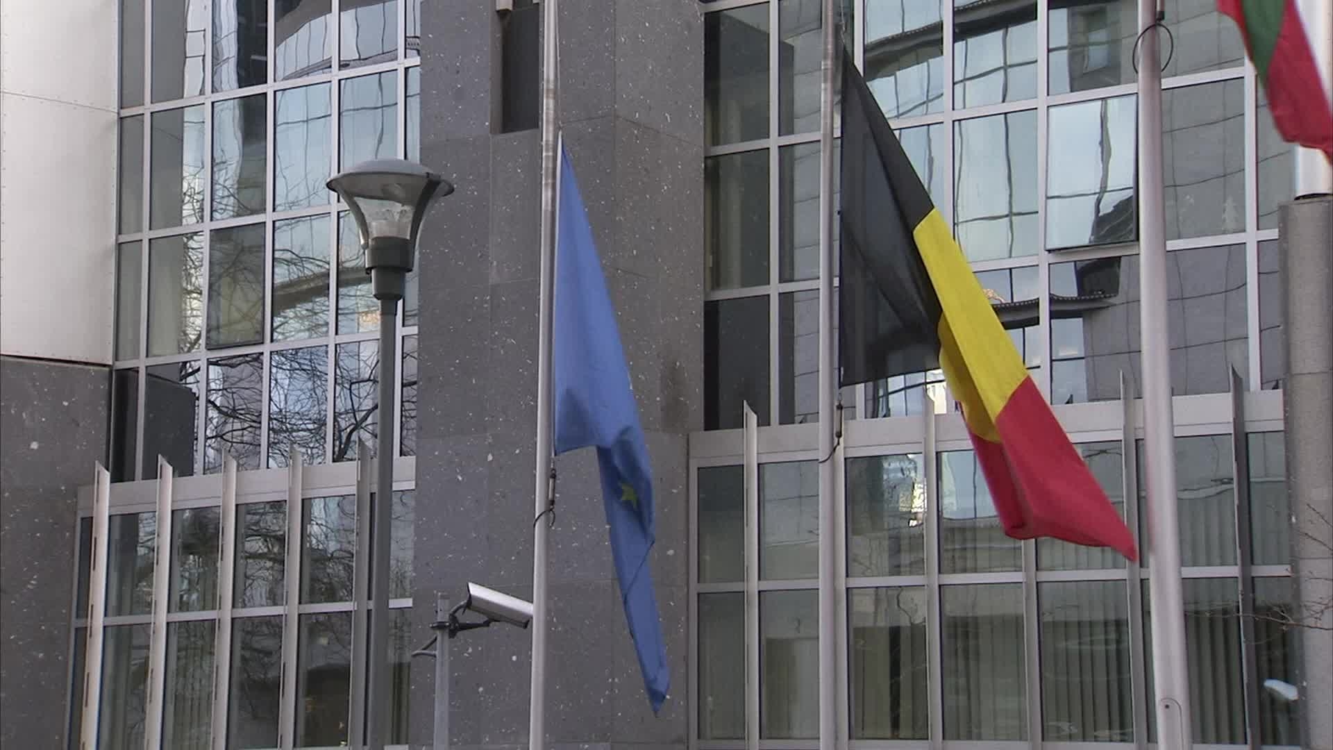 European and Belgian flags in half mast following the terrorist attacks in Brussels
