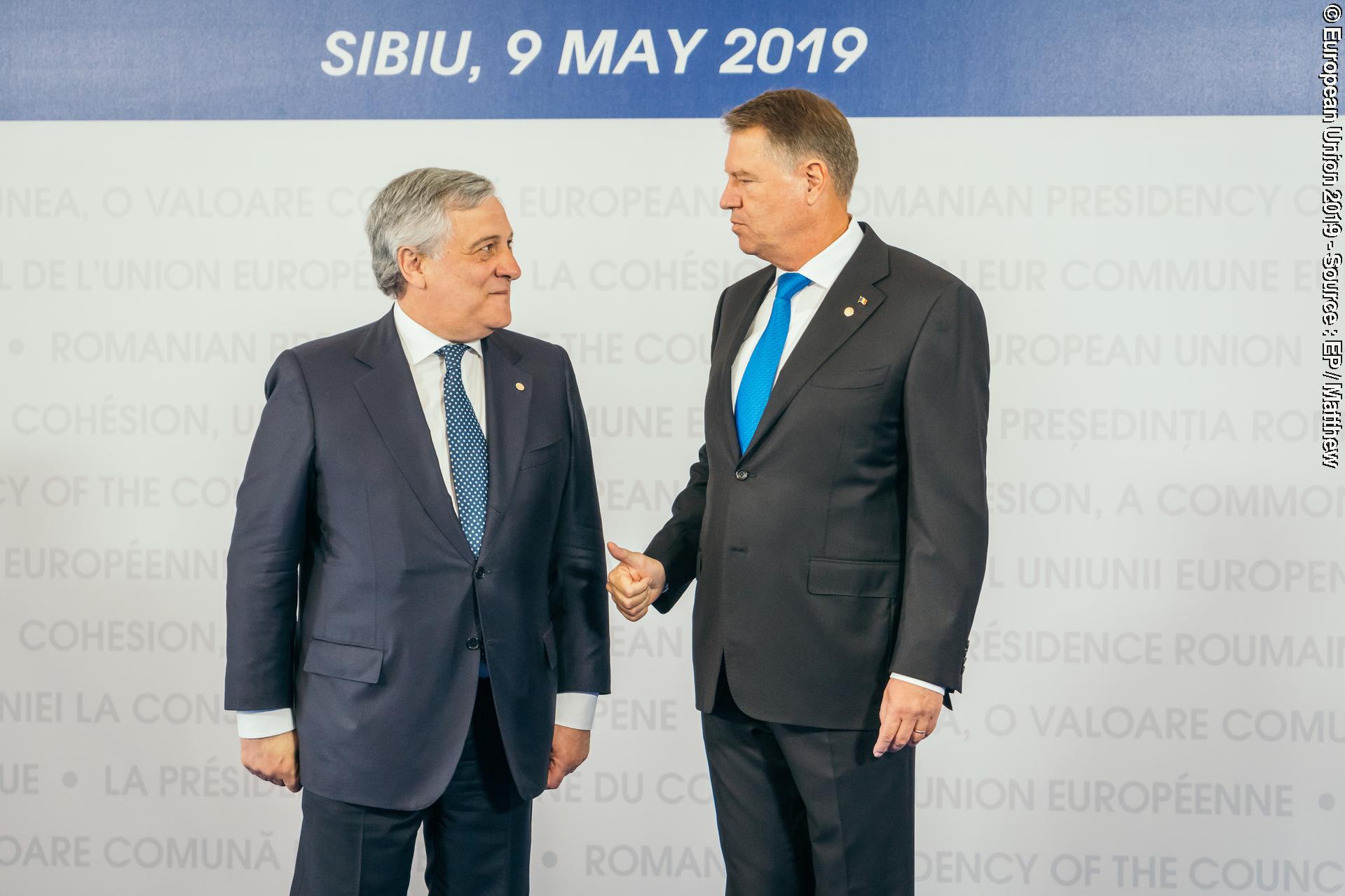 Nuotrauka 10: The President of the Informal meeting of heads of state or government, Sibiu, 09/05/2019 - European Parliament, Antonio Tajani, poses with Romanian President Klaus Iohannis at the Sibiu Summit, Thursday, May 9th, 2019, in Sibiu, Romania.