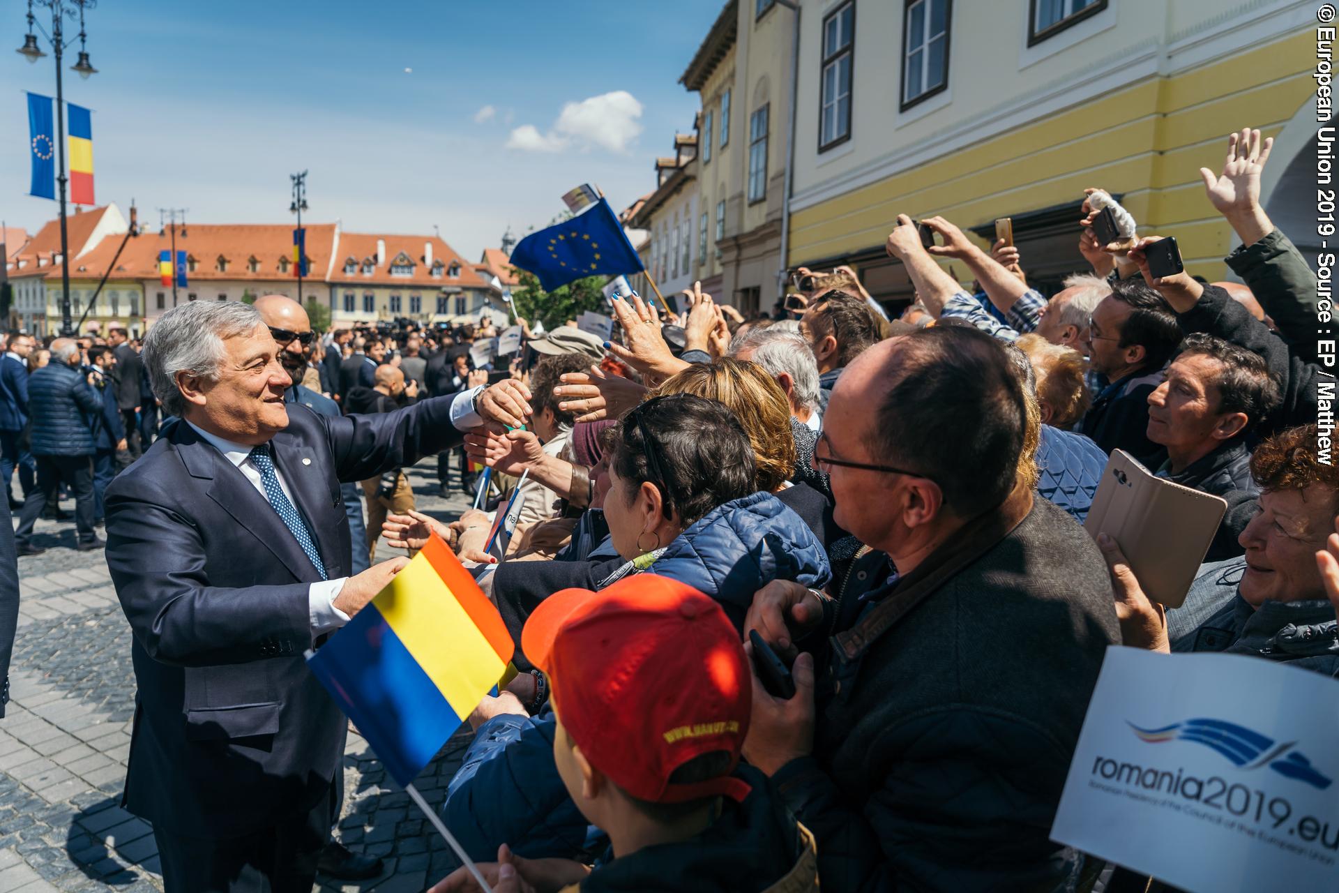 The President of the European Parliament, Antonio Tajani, greets Romanian supporters of the EU at the Sibiu Summit, Thursday, May 9th, 2019, in Sibiu, Romania.