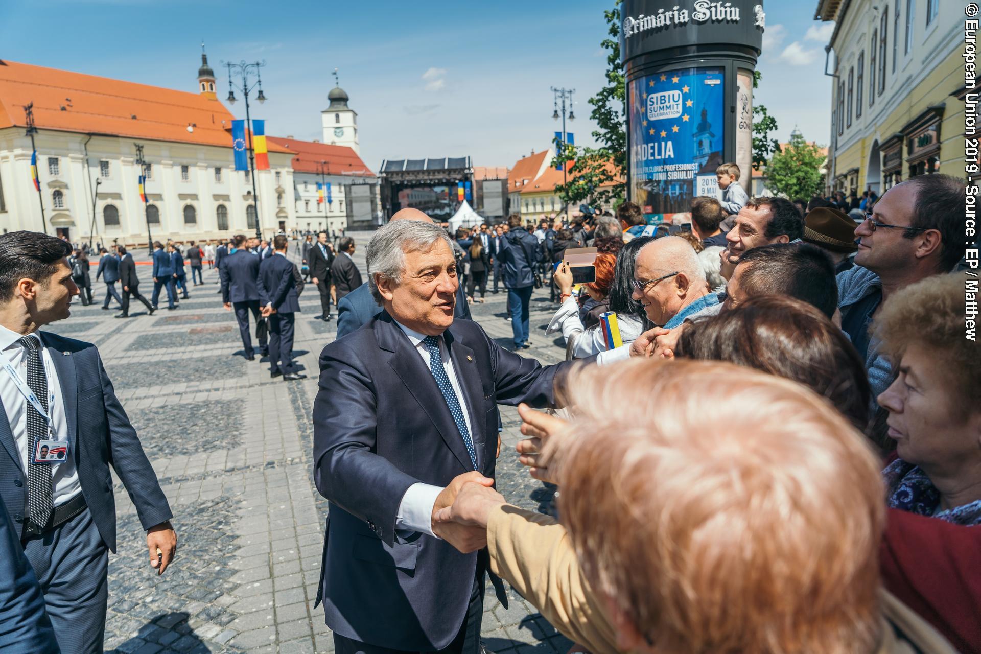 The President of the European Parliament, Antonio Tajani, greets Romanian supporters of the EU at the Sibiu Summit, Thursday, May 9th, 2019, in Sibiu, Romania.