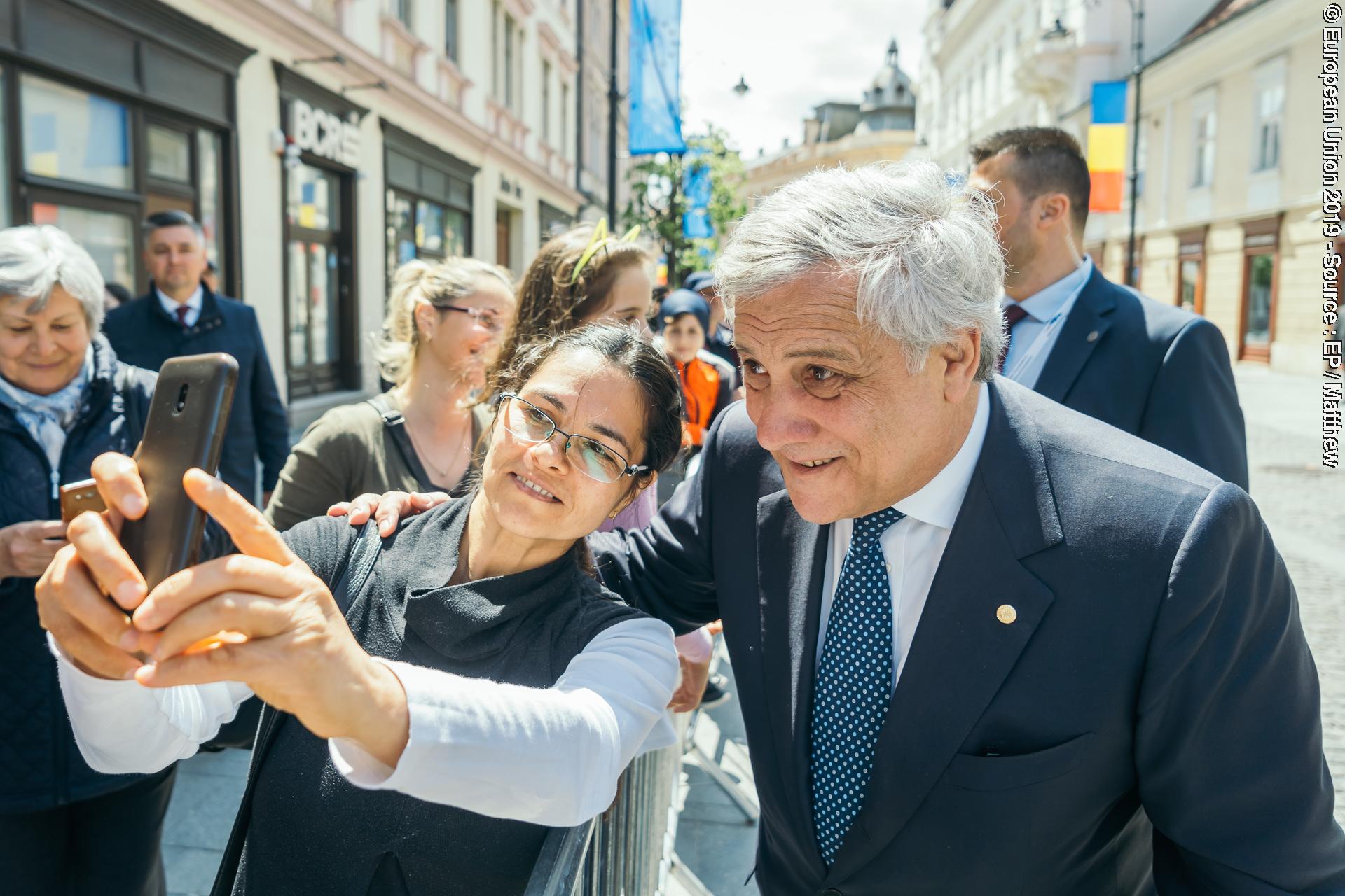 The President of the European Parliament, Antonio Tajani, greets Romanian supporters of the EU at the Sibiu Summit, Thursday, May 9th, 2019, in Sibiu, Romania.