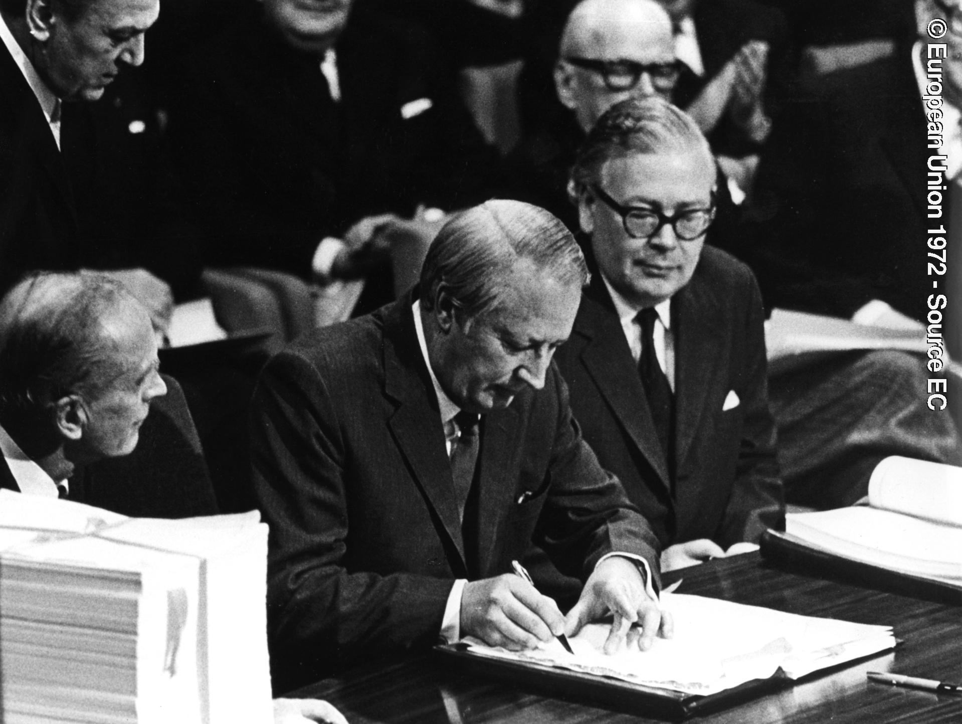 Signing ceremony of the accession treaty of Denmark, Ireland, Norway and the United Kingdom -  The signing ceremony of the accession treaty of Denmark, Ireland, Norway and the United Kingdom was held on 22 January 1972 in the Egmont Palace of Brussels