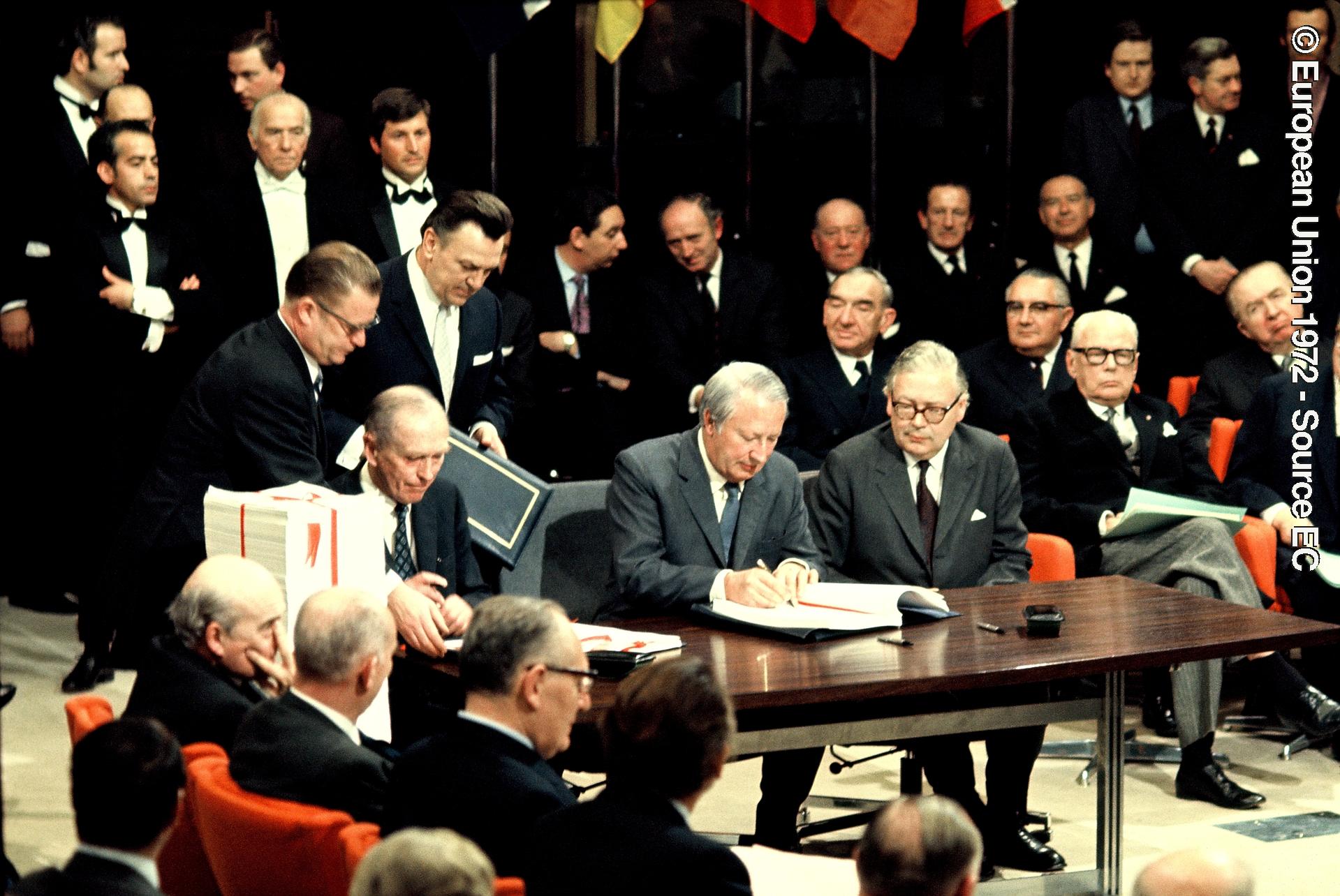 Signing ceremony of the accession treaty of Denmark, Ireland, Norway and the United Kingdom -  The signing ceremony of the accession treaty of Denmark, Ireland, Norway and the United Kingdom was held on 22 January 1972 in the Egmont Palace of Brussels