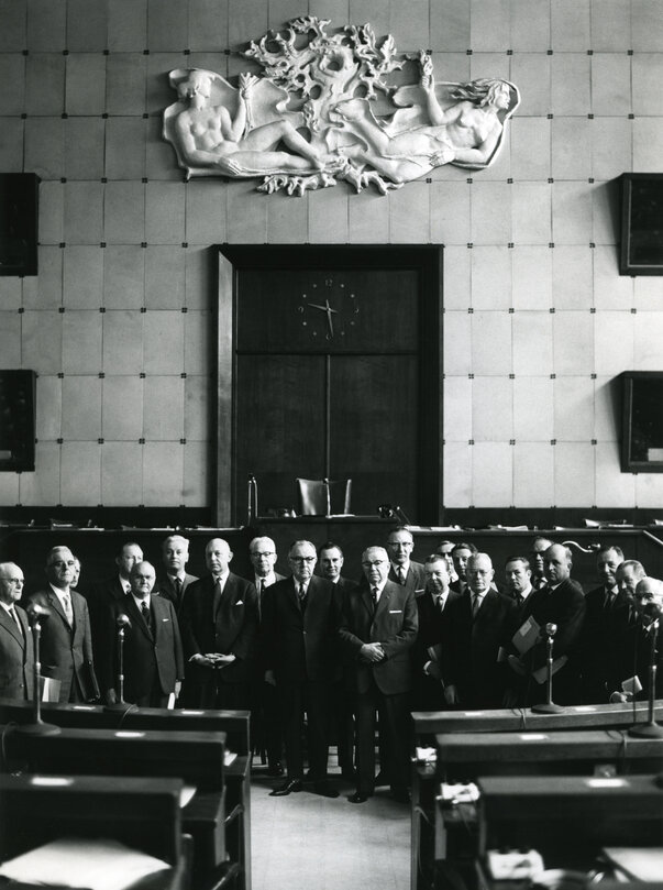 Jean Duvieusart standing with Parliament Deputies