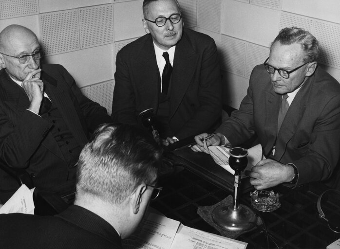 Robert SCHUMAN, Rene PLEVEN and Maurice COUVE DE MURVILLE during an interview in Strasbourg, France, January 13, 1959.