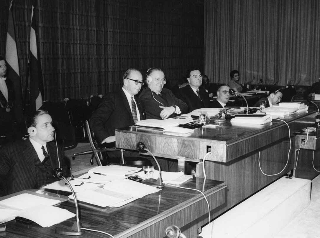 Alain POHER, President of the European Parliament, during a meeting of the European Communities Commission, in Luxembourg, February 21, 1968