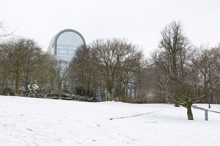 The European Parliament in Brussels under the snow