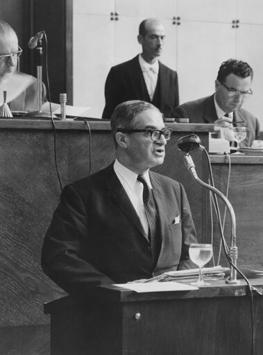 Photo 1: Jean REY, President of the European Commission, delivers a speech during a session in Strasbourg, France, July 3rd, 1968.