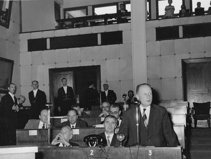 EURATOM President Etienne HIRSCH during a European Parliamentary Assembly session in Strasbourg, France, May 18, 1960.