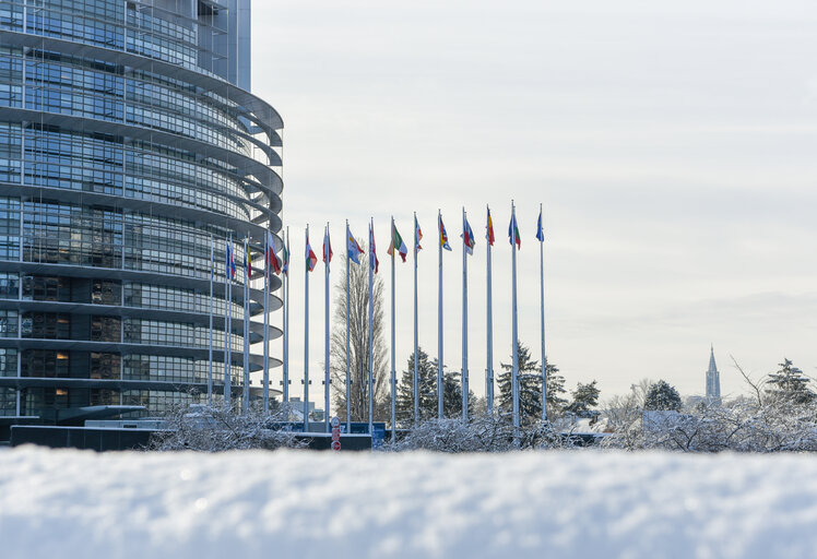 The European Parliament in Strasbourg under the snow