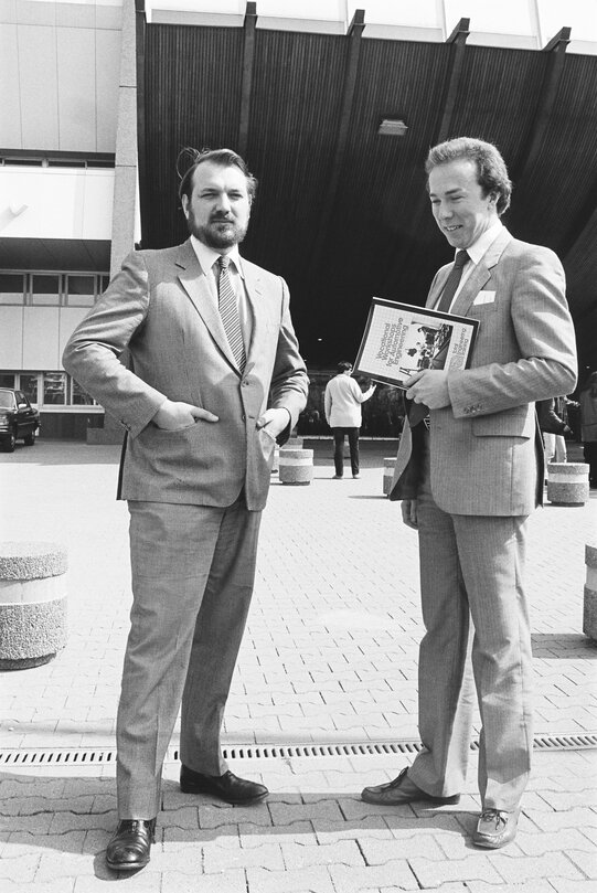 Tom SPENCER with Paul de FOUCHECOUR, Total Group Director of Information and External Relations, in Strasbourg, France, April 1982.