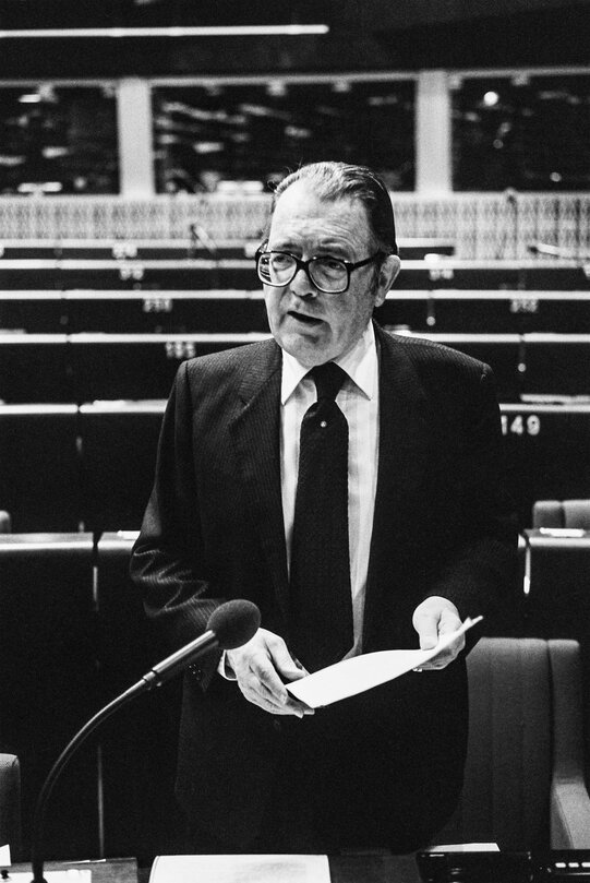 Commissioner Francis COCKFIELD during a session at the European Parliament in Strasbourg in January 1985