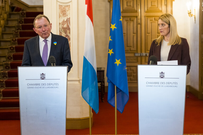 Foto 19: State Visit of Roberta METSOLA, EP President, to Luxembourg - Press Conference after the address to the Chambre des Députés