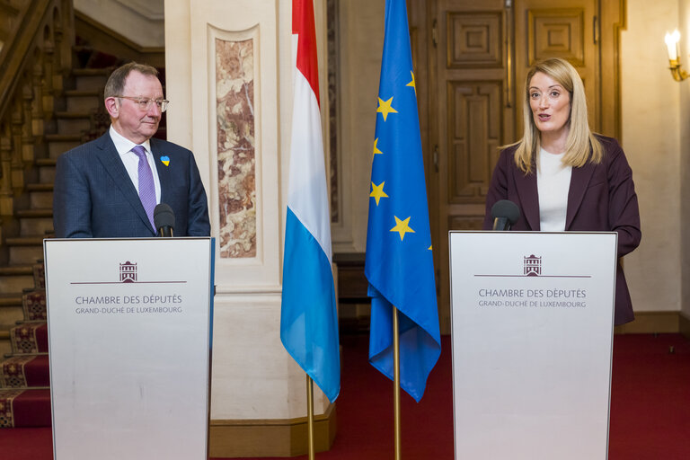 Foto 14: State Visit of Roberta METSOLA, EP President, to Luxembourg - Press Conference after the address to the Chambre des Députés