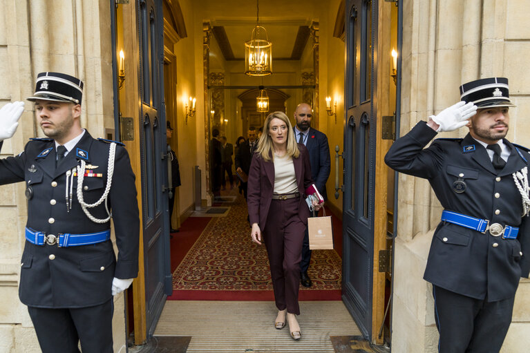 Foto 12: State Visit of Roberta METSOLA, EP President, to Luxembourg - Press Conference after the address to the Chambre des Députés