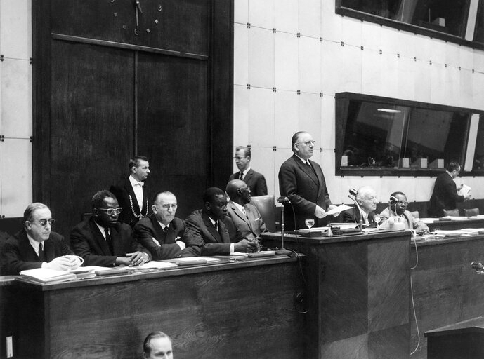 (L to R) Louis TERRENOIRE, Marcel MARIGOH MBOUA, Francis VALS, Balthazar BICAMUMPAKA, Amadou LAMINE GUEYE, Alain POHER, Hans FURLER and Ben KANE during a meeting of the permanent joint committee of the parliamentary conference of the Association between the European Economic Community and the African and Malagasy States associated (EEC-AASM, Association entre la Communauté Economique Européenne et les États Africains et Malgache associés, CEE-EAMA in French) in Strasbourg, France, May 14-16, 1962.