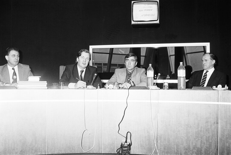 Lord Nicholas BETHELL (2L), Henri PLUMB (R) during a EPP group's British Conservative Party members meeting in Strasbourg, France, April 1982.