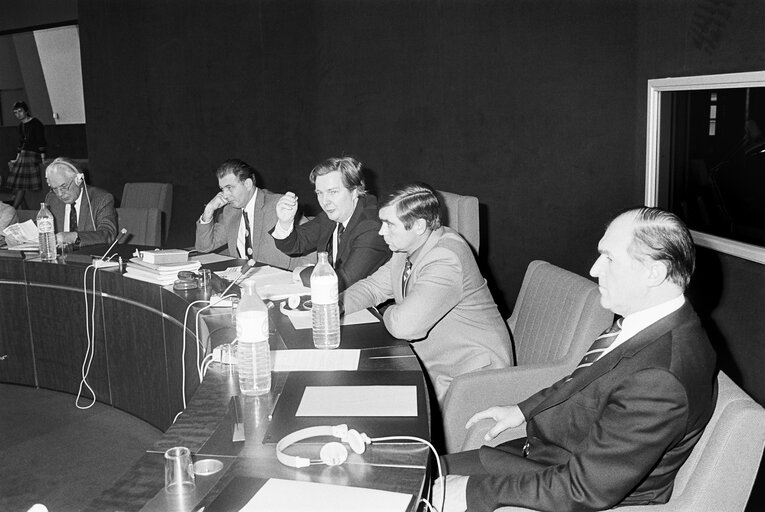 Lord Nicholas BETHELL (3R), Henri PLUMB (R) during a EPP group's British Conservative Party members meeting in Strasbourg, France, April 1982.