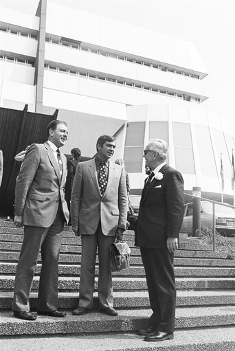 EPP group's British Conservative Party members with  Madron Richard SELIGMAN (R) pose for a picture after a meeting in Strasbourg, France, April 1982.