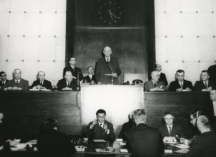 Robert SCHUMAN during the Constitutive session of the new European Parliamentary Assembly, Strasbourg, France, 20th October 1959