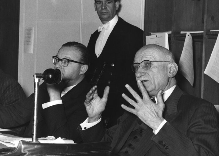 Robert SCHUMAN holds a press conference, in the margins of a session in Strasbourg, France, September 13, 1959.