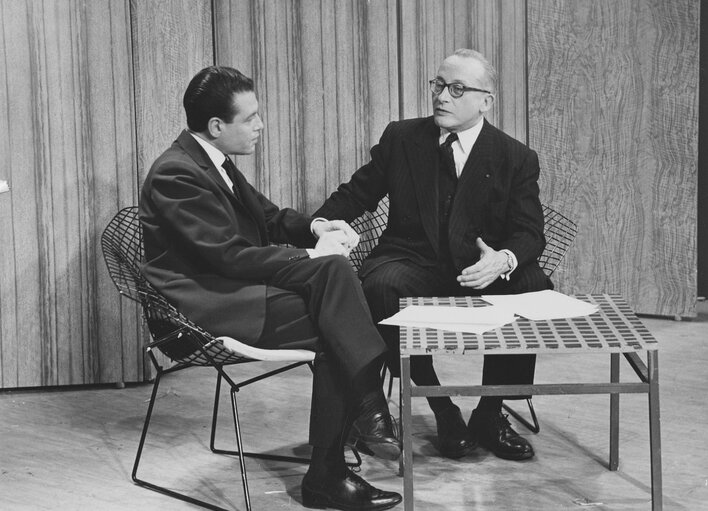 Pierre-Olivier LAPIE during an interview at Tele-Lux in Luxembourg, in December 07, 1959.  ..