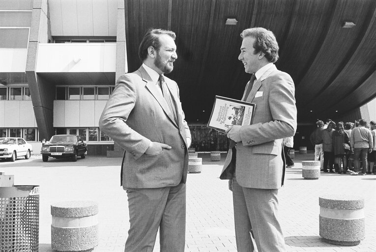 Tom SPENCER with Paul de FOUCHECOUR, Total Group Director of Information and External Relations, in Strasbourg, France, April 1982.