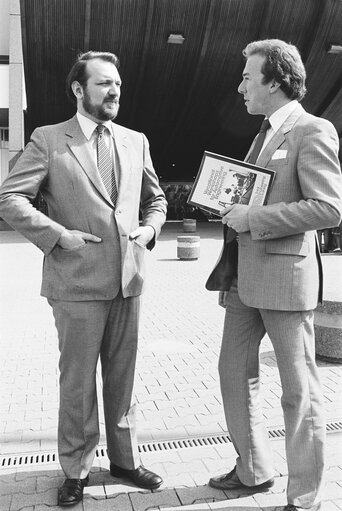 Tom SPENCER with Paul de FOUCHECOUR, Total Group Director of Information and External Relations, in Strasbourg, France, April 1982.