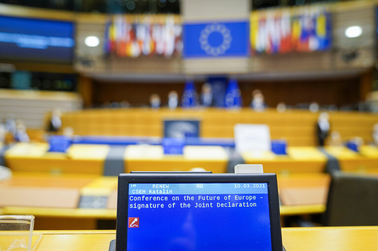 Fotografija 27: EP Plenary session - Ceremonie of the signature of the Joint declaration for the Conference of the Future of Europe