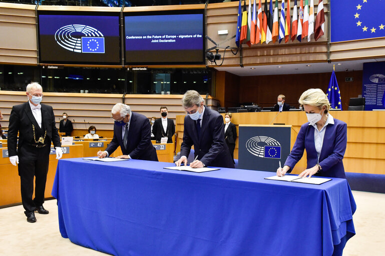 Foto 18: EP Plenary session - Ceremony of the signature of the Joint declaration for the Conference of the Future of Europe