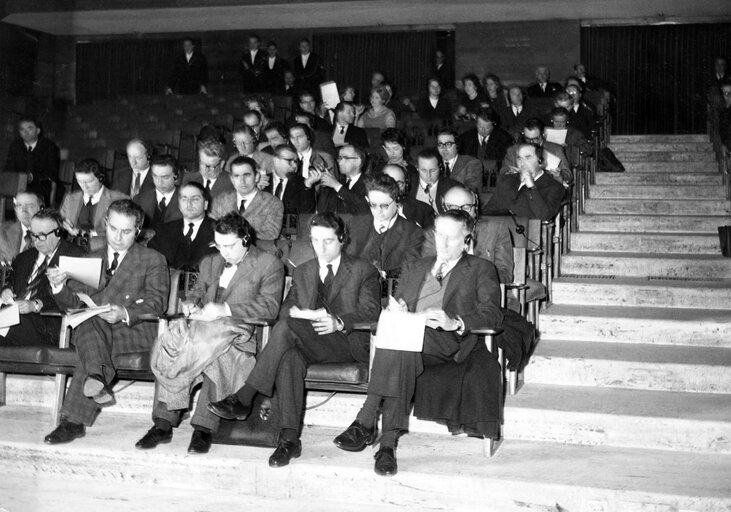 Press conference in the margins of the preparatory Conference of the European Parliamentary Assembly (EPA) with the African and Malagasy States at the Palace of Italian Civilisation (Square Coliseum- EUR) in Rome, Italy, January 24-26, 1961.