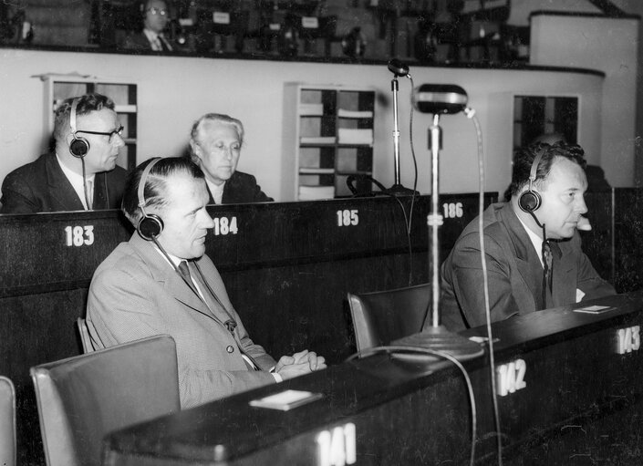 Cornelis VAN DER PLOEG, Marcel FISCHBACH, Ernst ENGELBRECHT-GREVE and Maria PROBST during a session of the European Parliamentary Assembly, in Strasbourg, France, April 13, 1959.