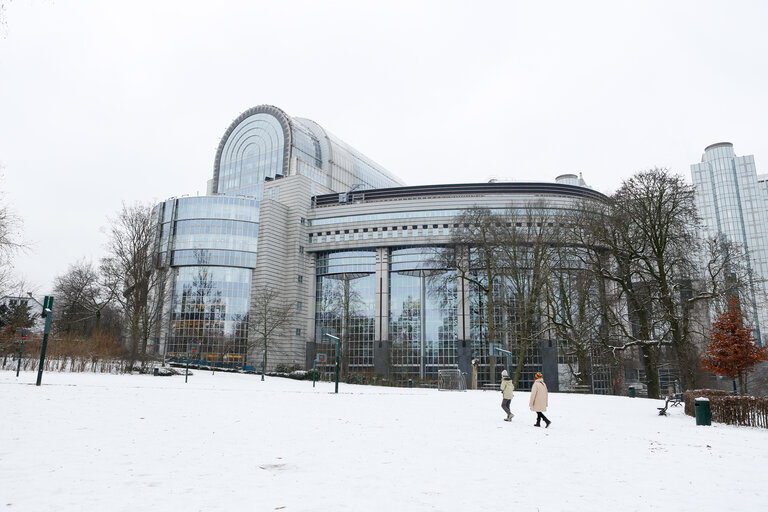 The European Parliament in Brussels under the snow