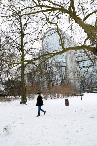 The European Parliament in Brussels under the snow