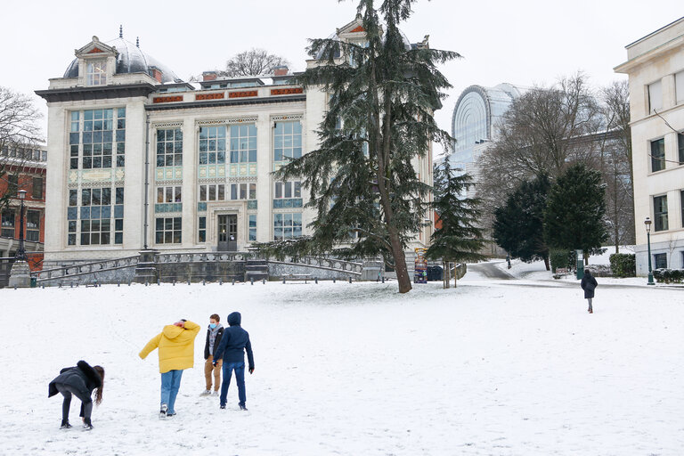 The European Parliament in Brussels under the snow