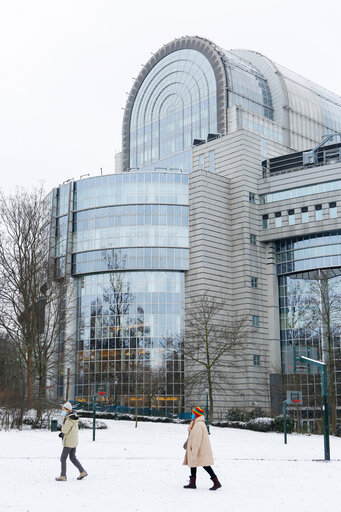 The European Parliament in Brussels under the snow