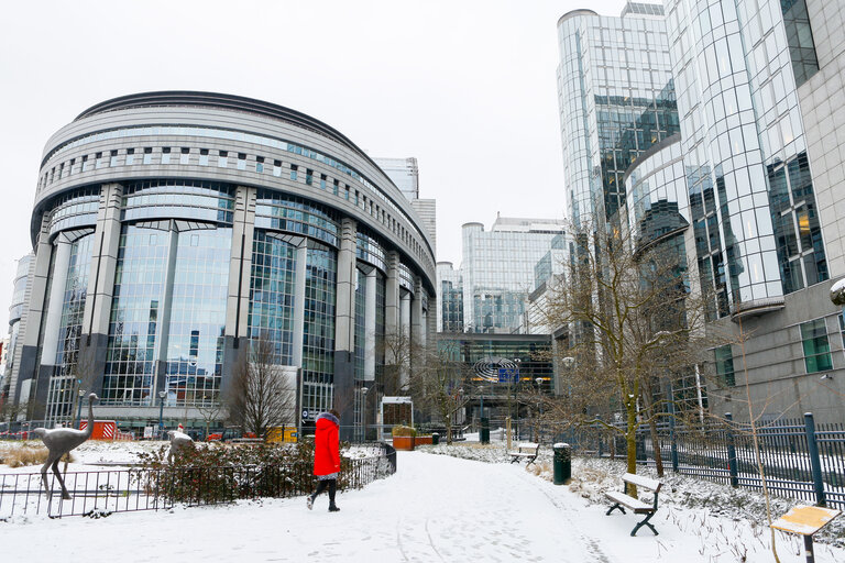 The European Parliament in Brussels under the snow