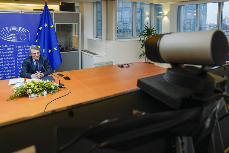 Fotografija 7: David SASSOLI, EP President in video meeting with Wolfgang SOBOTKA, Austrian Speaker.