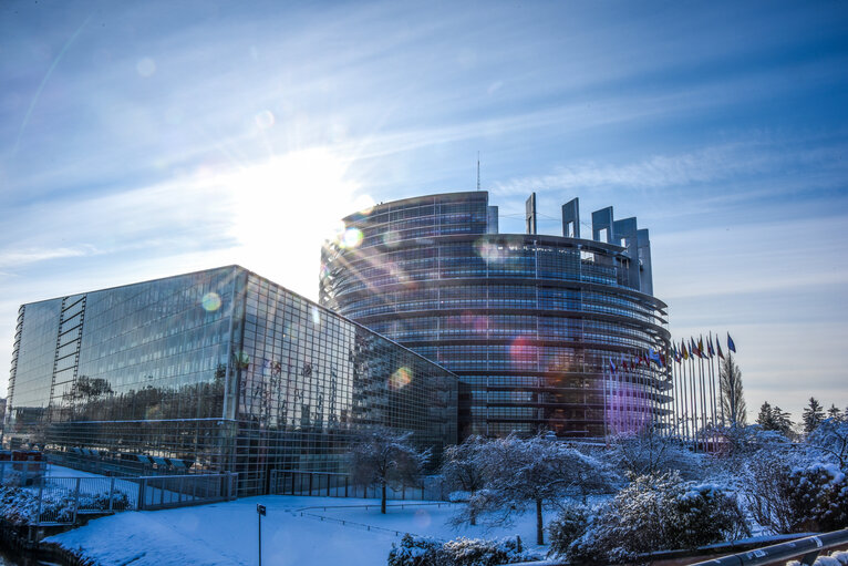 The European Parliament in Strasbourg under the snow