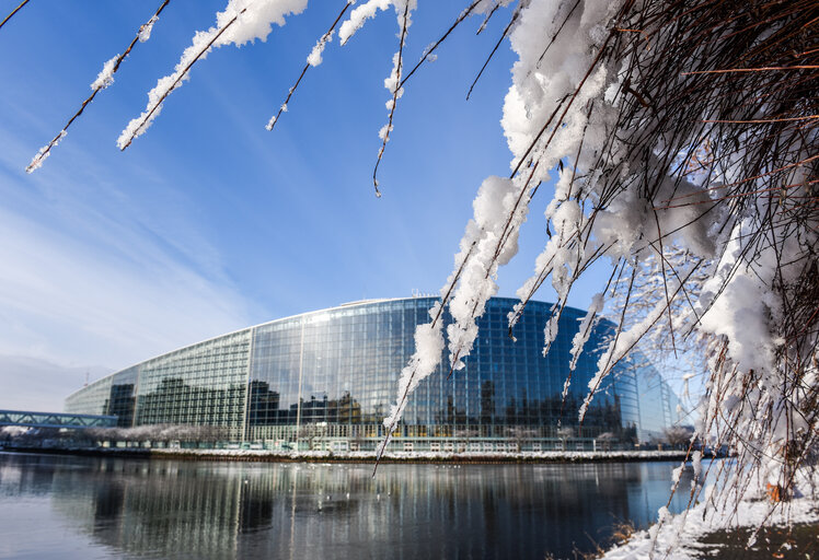 The European Parliament in Strasbourg under the snow