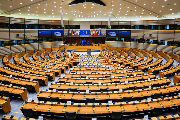 Empty plenary chamber in Brussels