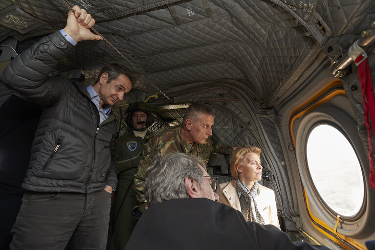 European Council President Charles MICHEL, European Commission President Ursula VON DER LEYEN and European Parliament President David SASSOLI in Greece- Departure by helicopter to oversee the land border