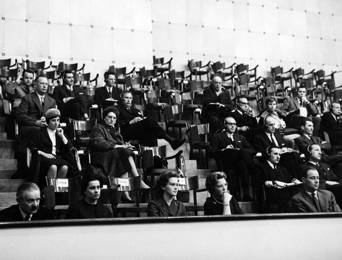 People attend a plenary session in the hemicycle of the European Parliament in Strasbourg, France, in 1961