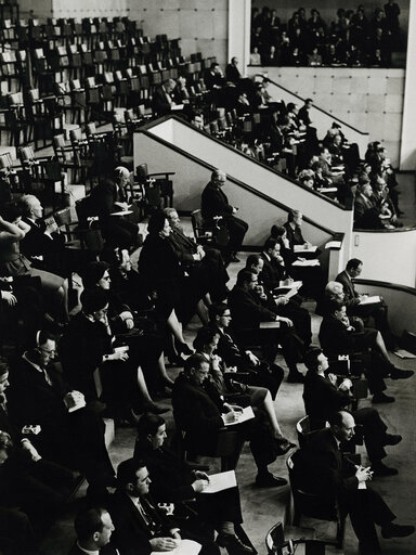 Medias representatives attend a plenary session in the hemicycle of the European Parliament in Strasbourg, France, in 1961