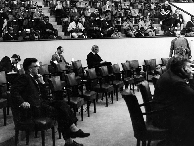 Medias representatives attend a plenary session in the hemicycle of the European Parliament in Strasbourg, France, in 1961