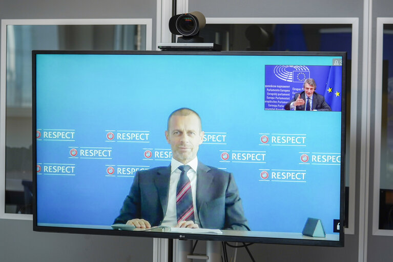 David SASSOLI, EP President in video meeting with Aleksander Ceferin, UEFA President.