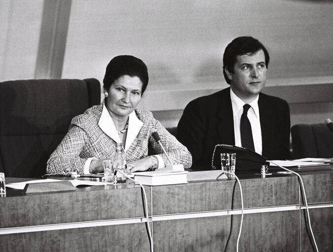 The European Parliament President Simone VEIL during a session in July 1980.