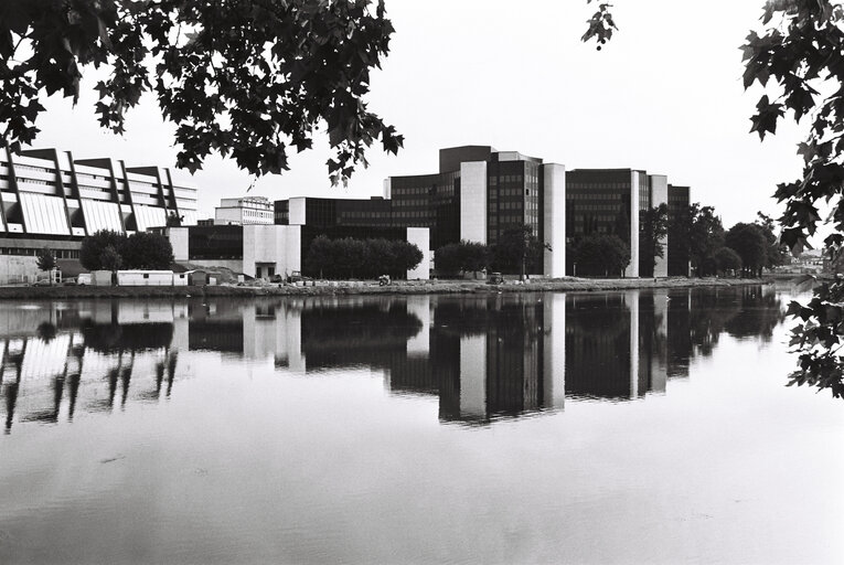 Exterior view on the Palais de l'Europe and the IPE building seen across the Ill river in Strasbourg in September 1980