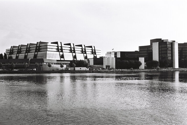 Exterior view on the Palais de l'Europe and the IPE building seen across the Ill river in Strasbourg in September 1980