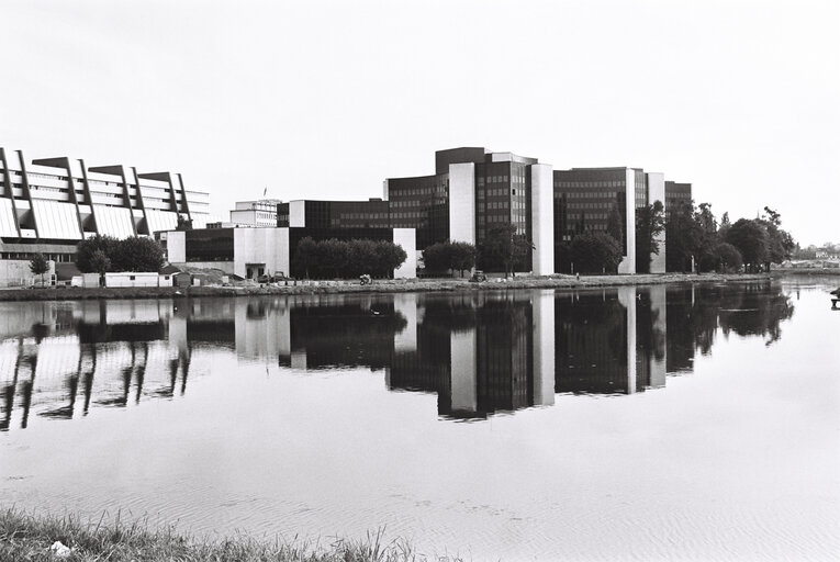 Exterior view on the Palais de l'Europe and the IPE building seen across the Ill river in Strasbourg in September 1980